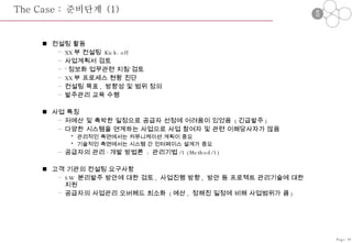 The Case :  준비단계  (1) 컨설팅 활동 XX 부 컨설팅  Kick-off 사업계획서 검토 ‘ 정보화 업무관련 지침’검토 XX 부 프로세스 현황 진단 컨설팅 목표 ,  방향성 및 범위 정의 발주관리 교육 수행 사업 특징 저예산 및 촉박한 일정으로 공급자 선정에 어려움이 있었음  ( 긴급발주 ) 다양한 시스템을 연계하는 사업으로 사업 참여자 및 관련 이해당사자가 많음 관리적인 측면에서는 커뮤니케이션 계획이 중요 기술적인 측면에서는 시스템 간 인터페이스 설계가 중요 공급자의 관리 · 개발 방법론  :  관리기법 /1 (Method/1) 고객 기관의 컨설팅 요구사항 SW  분리발주 방안에 대한 검토 ,  사업진행 방향 ,  방안 등 프로젝트 관리기술에 대한 지원 공급자의 사업관리 오버헤드 최소화  ( 예산 ,  정해진 일정에 비해 사업범위가 큼 ) Page-34 준비 정립 적용 종료 