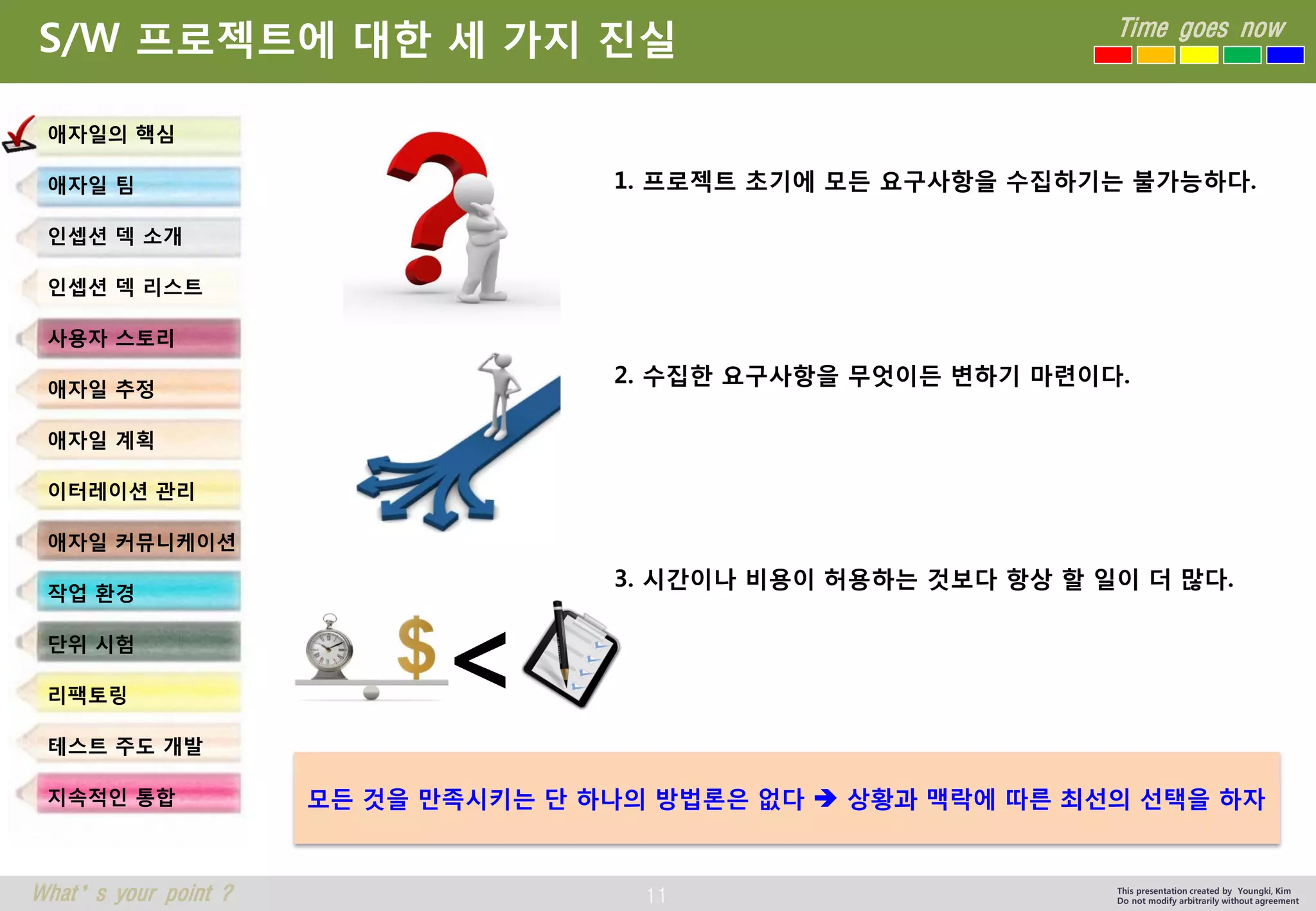 11 
Time goes now 
What’s your point ? 
This presentation created by Youngki, Kim 
Do not modify arbitrarily without agreement 
S/W 프로젝트에대한세가지진실 
애자일의핵심 
애자일팀 
인셉션덱소개 
인셉션덱리스트 
사용자스토리 
애자일추정 
애자일계획 
이터레이션관리 
애자일커뮤니케이션 
작업환경 
단위시험 
리팩토링 
테스트주도개발 
지속적인통합 
< 
1. 프로젝트초기에모든요구사항을수집하기는불가능하다. 
2. 수집한요구사항을무엇이든변하기마련이다. 
3. 시간이나비용이허용하는것보다항상할일이더많다. 
모든것을만족시키는단하나의방법론은없다상황과맥락에따른최선의선택을하자  