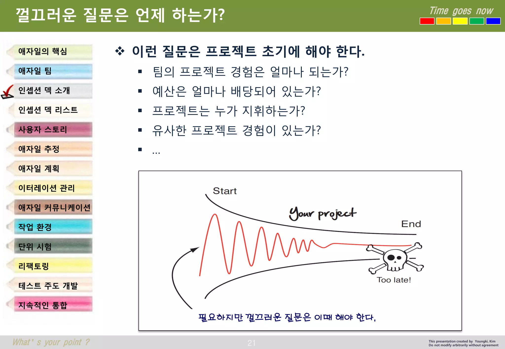 21 
Time goes now 
What’s your point ? 
This presentation created by Youngki, Kim 
Do not modify arbitrarily without agreement 
껄끄러운질문은언제하는가? 
이런질문은프로젝트초기에해야한다. 
팀의프로젝트경험은얼마나되는가? 
예산은얼마나배당되어있는가? 
프로젝트는누가지휘하는가? 
유사한프로젝트경험이있는가? 
… 
애자일의핵심 
애자일팀 
인셉션덱소개 
인셉션덱리스트 
사용자스토리 
애자일추정 
애자일계획 
이터레이션관리 
애자일커뮤니케이션 
작업환경 
단위시험 
리팩토링 
테스트주도개발 
지속적인통합 
필요하지만껄끄러운질문은이때해야한다.  