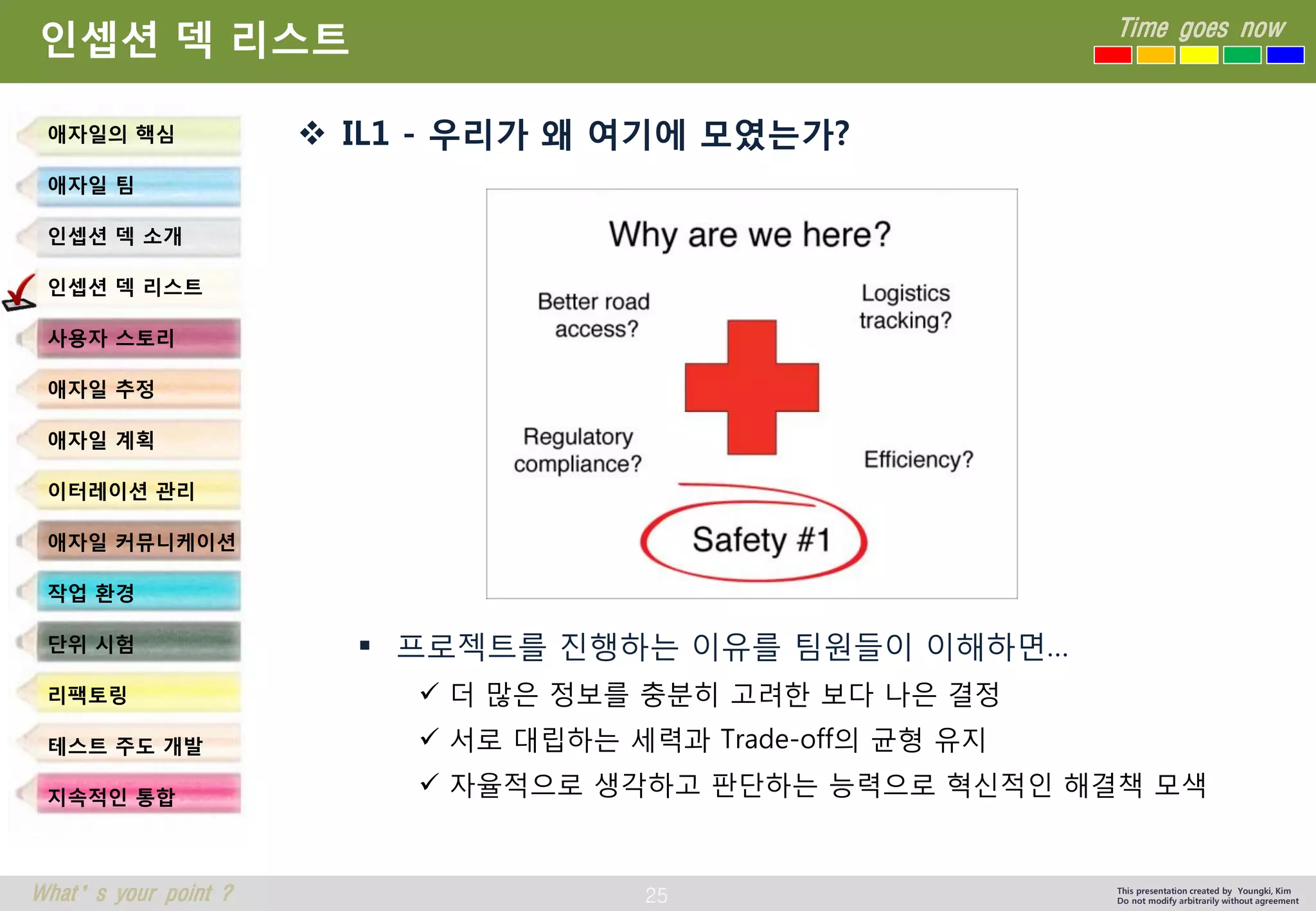 25 
Time goes now 
What’s your point ? 
This presentation created by Youngki, Kim 
Do not modify arbitrarily without agreement 
인셉션덱리스트 
IL1 -우리가왜여기에모였는가? 
프로젝트를진행하는이유를팀원들이이해하면… 
더많은정보를충분히고려한보다나은결정 
서로대립하는세력과Trade-off의균형유지 
자율적으로생각하고판단하는능력으로혁신적인해결책모색 
애자일의핵심 
애자일팀 
인셉션덱소개 
인셉션덱리스트 
사용자스토리 
애자일추정 
애자일계획 
이터레이션관리 
애자일커뮤니케이션 
작업환경 
단위시험 
리팩토링 
테스트주도개발 
지속적인통합  
