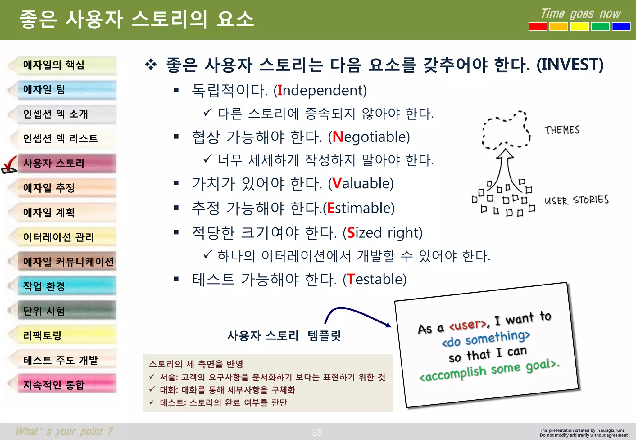 38 
Time goes now 
What’s your point ? 
This presentation created by Youngki, Kim 
Do not modify arbitrarily without agreement 
좋은사용자스토리의요소 
좋은사용자스토리는다음요소를갖추어야한다. (INVEST) 
독립적이다. (Independent) 
다른스토리에종속되지않아야한다. 
협상가능해야한다. (Negotiable) 
너무세세하게작성하지말아야한다. 
가치가있어야한다. (Valuable) 
추정가능해야한다.(Estimable) 
적당한크기여야한다. (Sized right) 
하나의이터레이션에서개발할수있어야한다. 
테스트가능해야한다. (Testable) 
애자일의핵심 
애자일팀 
인셉션덱소개 
인셉션덱리스트 
사용자스토리 
애자일추정 
애자일계획 
이터레이션관리 
애자일커뮤니케이션 
작업환경 
단위시험 
리팩토링 
테스트주도개발 
지속적인통합 
사용자스토리템플릿 
스토리의세측면을반영 
서술: 고객의요구사항을문서화하기보다는표현하기위한것 
대화: 대화를통해세부사항을구체화 
테스트: 스토리의완료여부를판단  