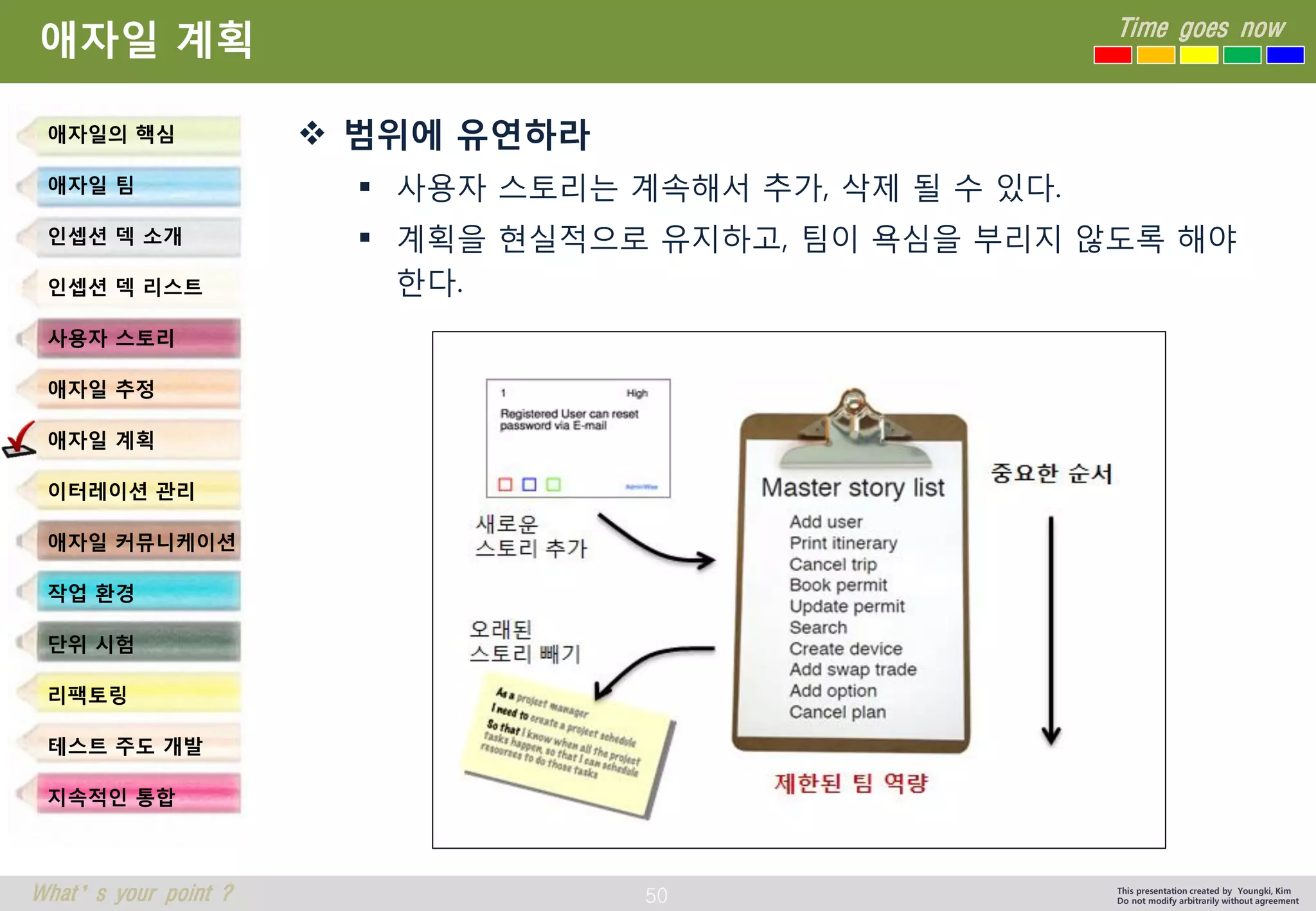 50 
Time goes now 
What’s your point ? 
This presentation created by Youngki, Kim 
Do not modify arbitrarily without agreement 
애자일계획 
범위에유연하라 
사용자스토리는계속해서추가, 삭제될수있다. 
계획을현실적으로유지하고, 팀이욕심을부리지않도록해야한다. 
애자일의핵심 
애자일팀 
인셉션덱소개 
인셉션덱리스트 
사용자스토리 
애자일추정 
애자일계획 
이터레이션관리 
애자일커뮤니케이션 
작업환경 
단위시험 
리팩토링 
테스트주도개발 
지속적인통합  