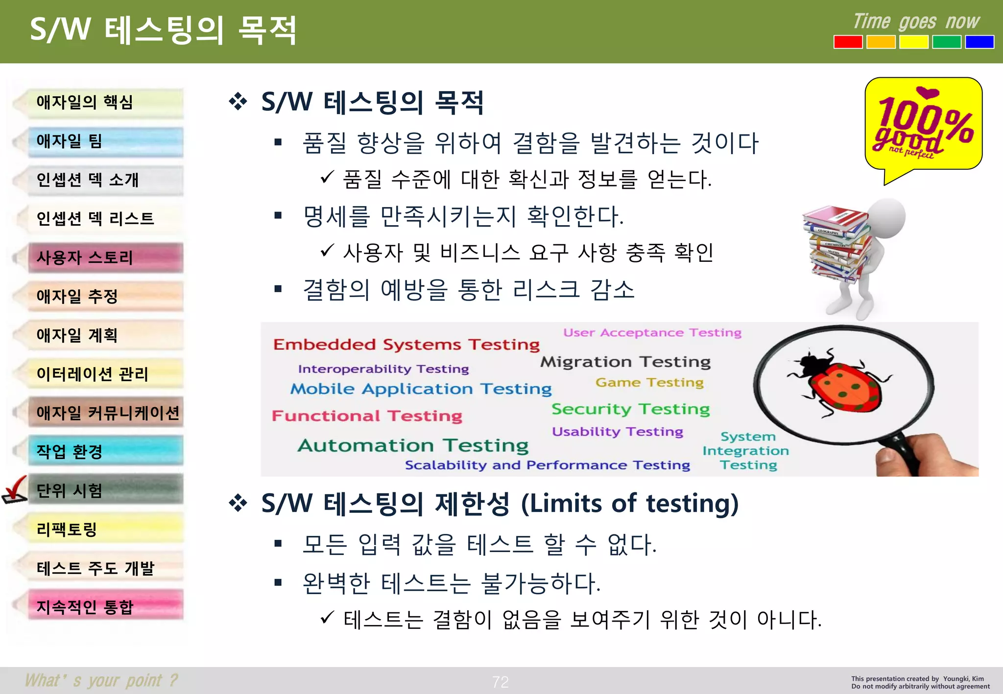 72 
Time goes now 
What’s your point ? 
This presentation created by Youngki, Kim 
Do not modify arbitrarily without agreement 
S/W 테스팅의목적 
품질향상을위하여결함을발견하는것이다 
품질수준에대한확신과정보를얻는다. 
명세를만족시키는지확인한다. 
사용자및비즈니스요구사항충족확인 
결함의예방을통한리스크감소 
S/W 테스팅의제한성(Limits of testing) 
모든입력값을테스트할수없다. 
완벽한테스트는불가능하다. 
테스트는결함이없음을보여주기위한것이아니다. 
S/W 테스팅의목적 
애자일의핵심 
애자일팀 
인셉션덱소개 
인셉션덱리스트 
사용자스토리 
애자일추정 
애자일계획 
이터레이션관리 
애자일커뮤니케이션 
작업환경 
단위시험 
리팩토링 
테스트주도개발 
지속적인통합  