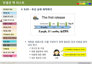 34 
Time goes now 
What’s your point ? 
This presentation created by Youngki, Kim 
Do not modify arbitrarily without agreement 
인셉션덱리스트 
IL10 –우선순위파악하기 
계획을세웠으면, 이를구현하기위해필요한것과비용을알아내야한다. 
최고의팀구성 
최종결정권자파악 
비용에대한예측 
모든정보의수집 
애자일의핵심 
애자일팀 
인셉션덱소개 
인셉션덱리스트 
사용자스토리 
애자일추정 
애자일계획 
이터레이션관리 
애자일커뮤니케이션 
작업환경 
단위시험 
리팩토링 
테스트주도개발 
지속적인통합 
고객 
이프로젝트는언제끝나는건가요? 
그리고비용은얼마나드는건가요?  