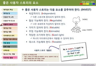 38 
Time goes now 
What’s your point ? 
This presentation created by Youngki, Kim 
Do not modify arbitrarily without agreement 
좋은사용자스토리의요소 
좋은사용자스토리는다음요소를갖추어야한다. (INVEST) 
독립적이다. (Independent) 
다른스토리에종속되지않아야한다. 
협상가능해야한다. (Negotiable) 
너무세세하게작성하지말아야한다. 
가치가있어야한다. (Valuable) 
추정가능해야한다.(Estimable) 
적당한크기여야한다. (Sized right) 
하나의이터레이션에서개발할수있어야한다. 
테스트가능해야한다. (Testable) 
애자일의핵심 
애자일팀 
인셉션덱소개 
인셉션덱리스트 
사용자스토리 
애자일추정 
애자일계획 
이터레이션관리 
애자일커뮤니케이션 
작업환경 
단위시험 
리팩토링 
테스트주도개발 
지속적인통합 
사용자스토리템플릿 
스토리의세측면을반영 
서술: 고객의요구사항을문서화하기보다는표현하기위한것 
대화: 대화를통해세부사항을구체화 
테스트: 스토리의완료여부를판단  