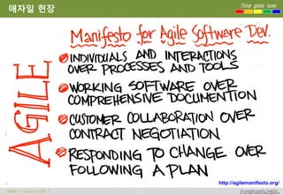 4 
Time goes now 
What’s your point ? 
This presentation created by Youngki, Kim 
Do not modify arbitrarily without agreement 
애자일헌장 
http://agilemanifesto.org/  