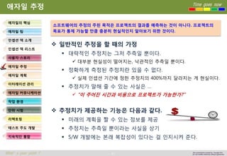 41 
Time goes now 
What’s your point ? 
This presentation created by Youngki, Kim 
Do not modify arbitrarily without agreement 
애자일추정 
일반적인추정을할때의가정 
대략적인추정치는그저추측일뿐이다. 
대부분현실성이떨어지는, 낙관적인추측일뿐이다. 
정확하게측정된추정치란있을수없다. 
실제인셉션기간에정한추정치의400%까지달라지는게현실이다. 
추정치가말해줄수있는사실은… 
“이주어진시간과비용으로프로젝트가가능한가?” 
추정치가제공하는기능은다음과같다. 
미래의계획을짤수있는정보를제공 
추정치는추측일뿐이라는사실을상기 
S/W 개발에는본래복잡성이있다는걸인지시켜준다. 
애자일의핵심 
애자일팀 
인셉션덱소개 
인셉션덱리스트 
사용자스토리 
애자일추정 
애자일계획 
이터레이션관리 
애자일커뮤니케이션 
작업환경 
단위시험 
리팩토링 
테스트주도개발 
지속적인통합 
소프트웨어의추정의주된목적은프로젝트의결과를예측하는것이아니다. 프로젝트의목표가통제가능할만큼충분히현실적인지알아보기위한것이다.  