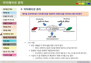 56 
Time goes now 
What’s your point ? 
This presentation created by Youngki, Kim 
Do not modify arbitrarily without agreement 
이터레이션관리 
이터레이션관리 
고려사항 
모든내용을다적어놓을만한시간이없다 
•빠르고정확하게, 필요한정보를제때에제공하는분석을해야한다 
완료된기능은완벽히작동되어야한다 
•잘설계하고, 꼼꼼히테스트해서, 완전히통합할수있는코드를갖도록해야한다 
기능이다잘작동하는지확인하기위해기다릴수는없다 
•프로젝트의시작부터시스템이건강하고, 문제가없는지살펴야한다 
애자일의핵심 
애자일팀 
인셉션덱소개 
인셉션덱리스트 
사용자스토리 
애자일추정 
애자일계획 
이터레이션관리 
애자일커뮤니케이션 
작업환경 
단위시험 
리팩토링 
테스트주도개발 
지속적인통합 
애자일프로젝트에서이터레이션을이용하여어떻게일을처리하는지를의미한다  