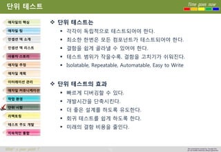 75 
Time goes now 
What’s your point ? 
This presentation created by Youngki, Kim 
Do not modify arbitrarily without agreement 
단위테스트 
단위테스트는 
각각이독립적으로테스트되어야한다. 
최소한한번은모든컴포넌트가테스트되어야한다. 
결함을쉽게골라낼수있어야한다. 
테스트범위가작을수록, 결함을고치기가쉬워진다. 
Isolatable, Repeatable, Automatable, Easy to Write 
단위테스트의효과 
빠르게디버깅할수있다. 
개발시간을단축시킨다. 
더좋은설계를하도록유도한다. 
회귀테스트를쉽게하도록한다. 
미래의결함비용을줄인다. 
애자일의핵심 
애자일팀 
인셉션덱소개 
인셉션덱리스트 
사용자스토리 
애자일추정 
애자일계획 
이터레이션관리 
애자일커뮤니케이션 
작업환경 
단위시험 
리팩토링 
테스트주도개발 
지속적인통합  