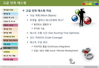 80 
Time goes now 
What’s your point ? 
This presentation created by Youngki, Kim 
Do not modify arbitrarily without agreement 
고급단위테스팅이슈 
가상객체(Mock Objects) 
무엇을, 얼마나테스트해야하나? 
발견되는결함의수 
추가된기능 
테스트수행시간(Test Running Time Optimize) 
코드커버리지(Code Coverage) 
테스트구성관리 
지속적인통합(Continuous Integration) 
단일/ 분산개발(Local / Remote Development) 
고급단위테스팅 
애자일의핵심 
애자일팀 
인셉션덱소개 
인셉션덱리스트 
사용자스토리 
애자일추정 
애자일계획 
이터레이션관리 
애자일커뮤니케이션 
작업환경 
단위시험 
리팩토링 
테스트주도개발 
지속적인통합  