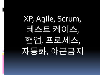 XP, Agile, Scrum,
테스트 케이스,
협업, 프로세스,
자동화, 야근금지

 