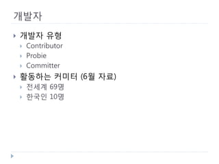 개발자 
 
개발자 유형 
 
Contributor 
 
Probie 
 
Committer 
 
활동하는 커미터 (6월 자료) 
 
전세계 69명 
 
한국인 10명  
