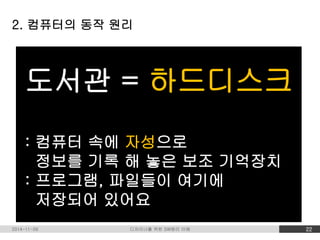 2. 컴퓨터의 동작 원리 
도서관 = 하드디스크 
도서관 
: 컴퓨터 속에 자성으로 
정보를 기록 해 놓은 보조 기억장치 
: 프로그램, 파일들이 여기에 
저장되어 있어요 
2014-11-09 디자이너를 위한 SW원리 이해 22 
 