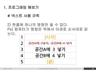 1. 프로그래밍 해보기 
# 넥스트 사용 규칙 
2) 한줄에 하나의 명령만 쓸 수 있다. 
Ps) 컴퓨터가 명령은 위에서 아래로 순서대로 읽 
는다. 
2014-11-09 디자이너를 위한 SW원리 이해 49 
 