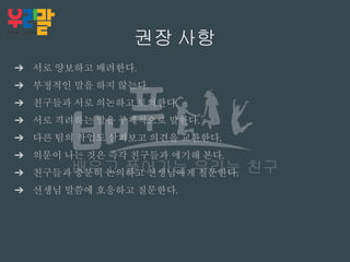 권장 사항
➔ 서로 양보하고 배려한다.
➔ 부정적인 말을 하지 않는다.
➔ 친구들과 서로 의논하고 토의한다.
➔ 서로 격려하는 말을 구체적으로 말한다.
➔ 다른 팀의 작업도 살펴보고 의견을 교환한다.
➔ 의문이 나는 것은 즉각 친구들과 얘기해 본다.
➔ 친구들과 충분히 논의하고 선생님에게 질문한다.
➔ 선생님 말씀에 호응하고 질문한다.
 