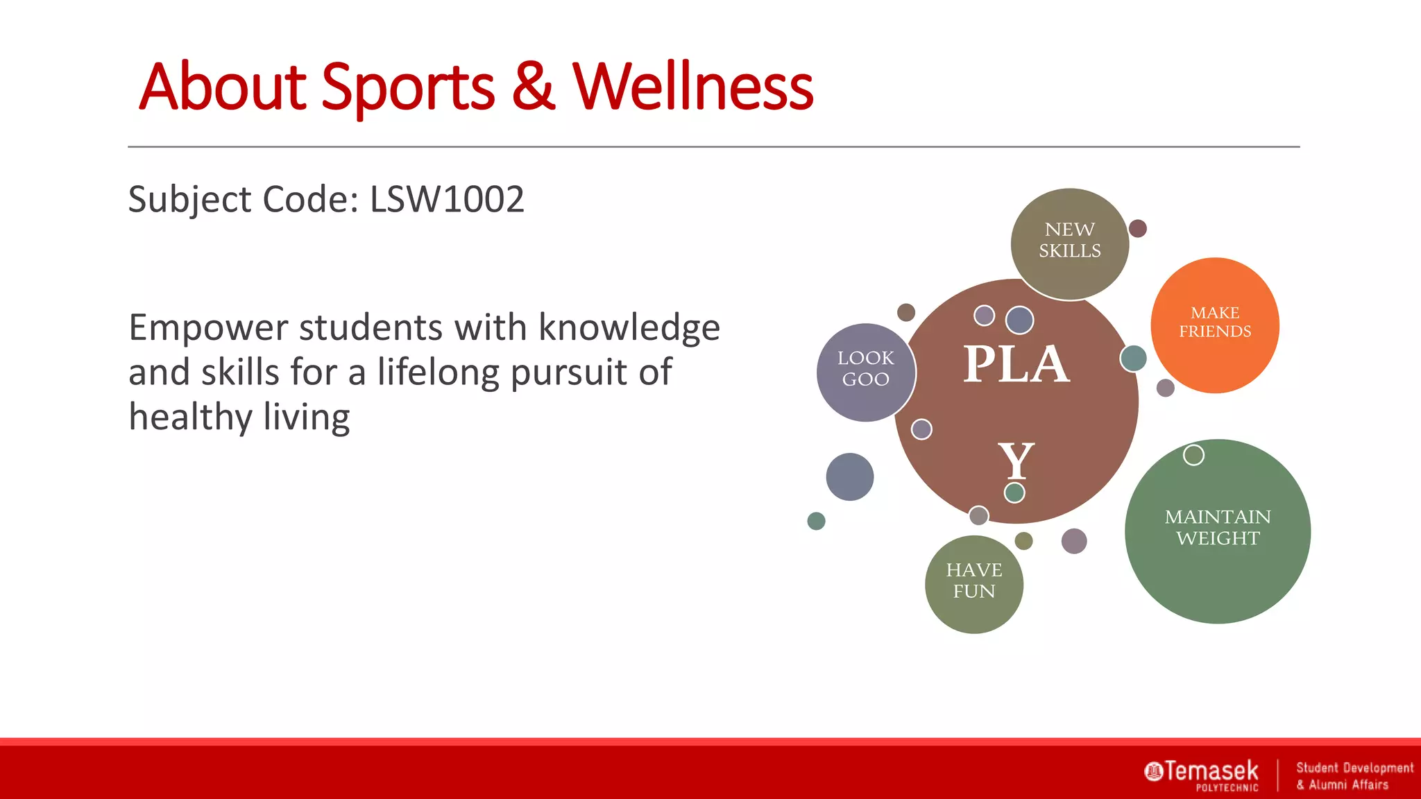 About Sports & Wellness
Subject Code: LSW1002
Empower students with knowledge
and skills for a lifelong pursuit of
healthy living
PLA
Y
LOOK
GOO
MAKE
FRIENDS
MAINTAIN
WEIGHT
HAVE
FUN
NEW
SKILLS
 