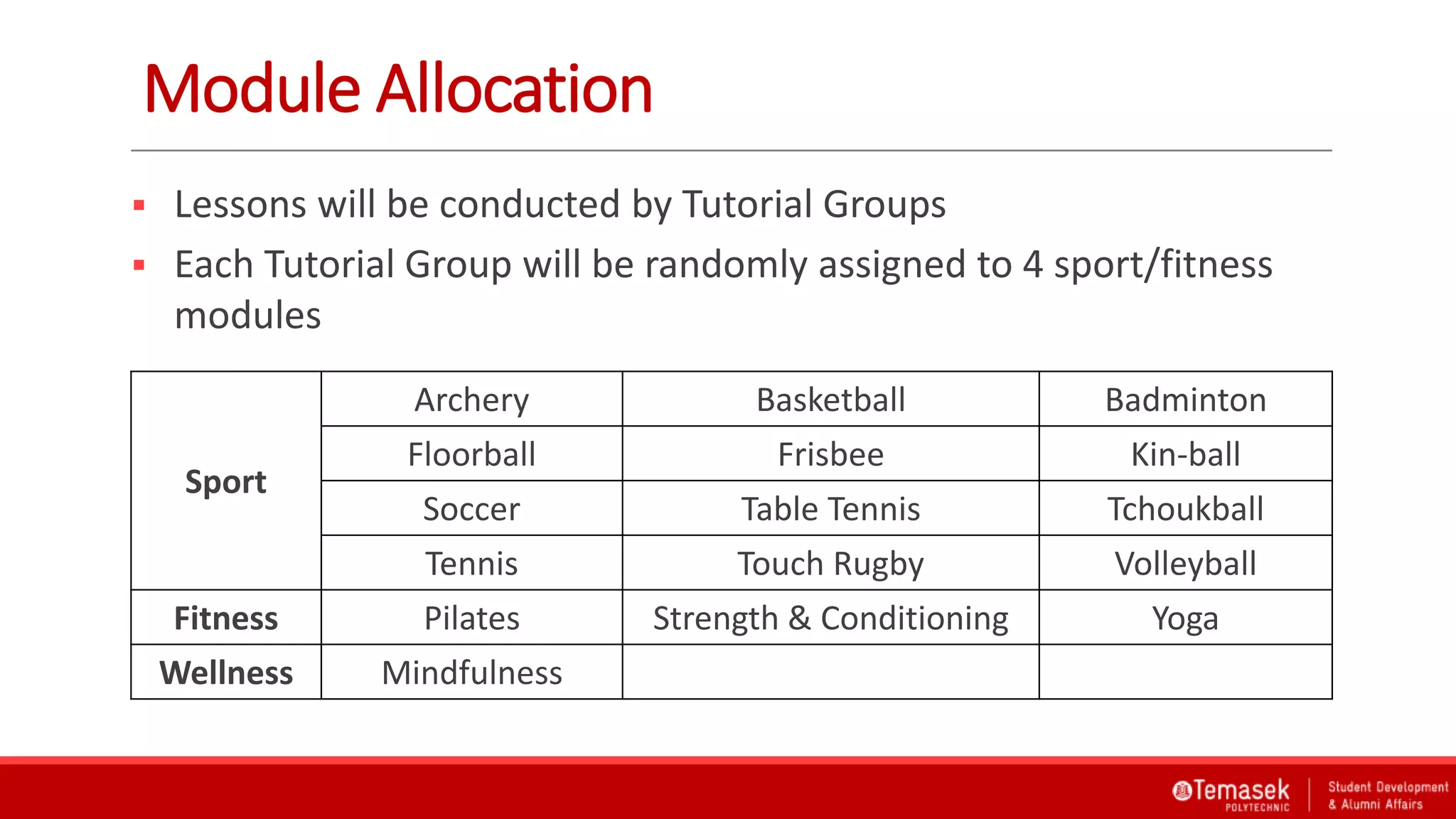 Module Allocation
Sport
Archery Basketball Badminton
Floorball Frisbee Kin-ball
Soccer Table Tennis Tchoukball
Tennis Touch Rugby Volleyball
Fitness Pilates Strength & Conditioning Yoga
Wellness Mindfulness
 Lessons will be conducted by Tutorial Groups
 Each Tutorial Group will be randomly assigned to 4 sport/fitness
modules
 