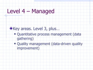 Level 4 – Managed  Key areas. Level 3, plus… Quantitative process management (data gathering) Quality management (data-driven quality improvement) 