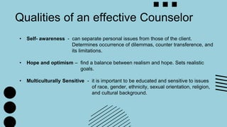 Qualities of an effective Counselor
• Self- awareness - can separate personal issues from those of the client.
Determines occurrence of dilemmas, counter transference, and
its limitations.
• Hope and optimism – find a balance between realism and hope. Sets realistic
goals.
• Multiculturally Sensitive - it is important to be educated and sensitive to issues
of race, gender, ethnicity, sexual orientation, religion,
and cultural background.
 