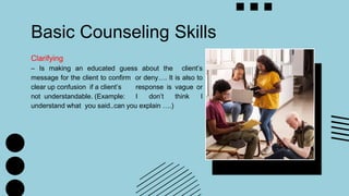 Basic Counseling Skills
Clarifying
– Is making an educated guess about the client’s
message for the client to confirm or deny…. It is also to
clear up confusion if a client’s response is vague or
not understandable. (Example: I don’t think I
understand what you said..can you explain ….)
 