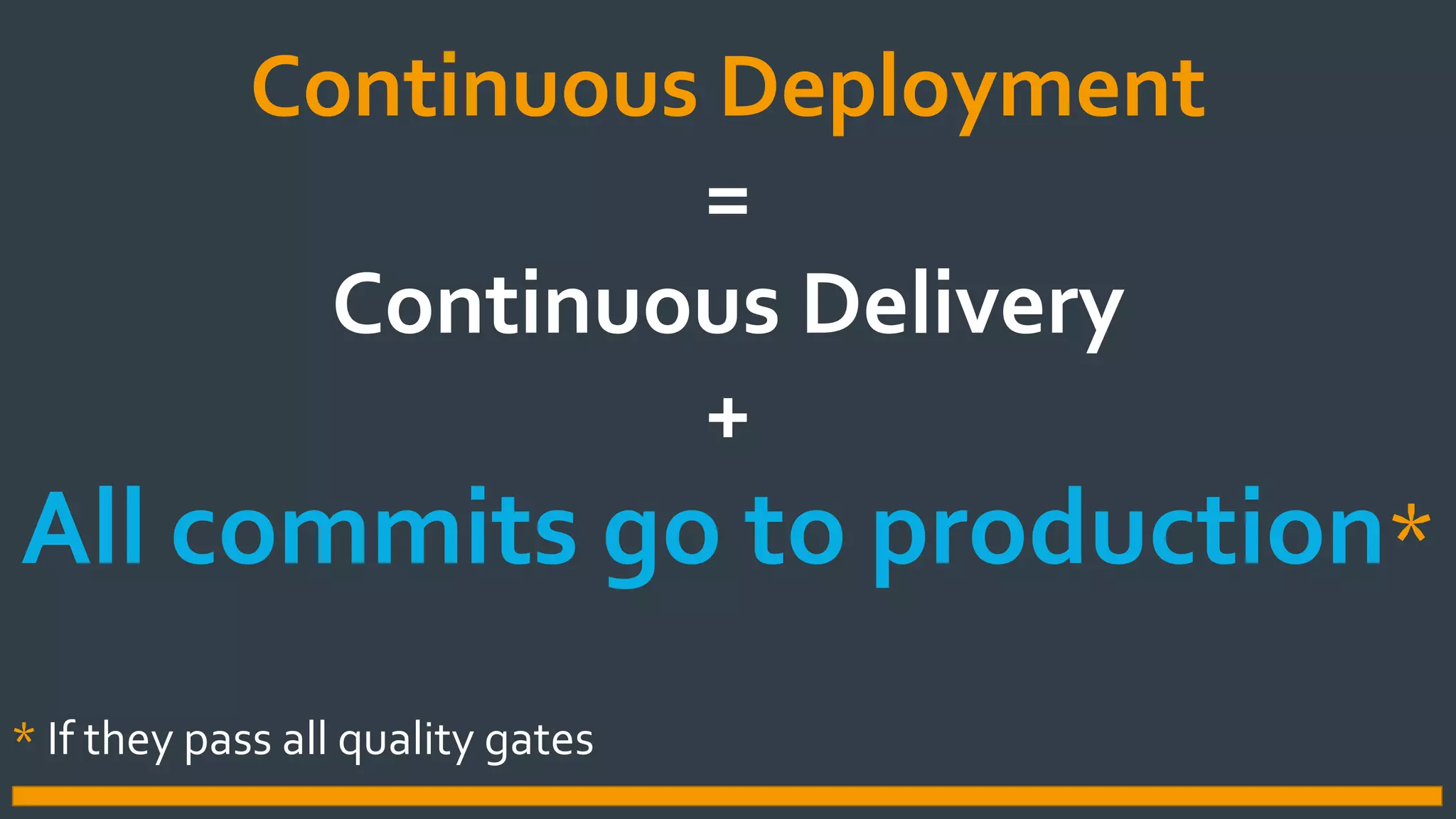 CONTINUOUS DEPLOYMENTContinuous Deployment
=
Continuous Delivery
+
All commits go to production*
* If they pass all quality gates