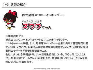 ©Swallow Incubate Co., Ltd All Rights Reserved.
＜講師の紹介＞
株式会社スワローインキュベートのマスコットキャラクター。
「いんきゅべーと秘書」とは、起業家やベンチャー企業に向けて管理部門に関
する知識・ノウハウ、起業に必要な基礎知識を提供することで、起業家と管理
部門のサポートを行う教育秘書のこと。
会社にまつわる事柄をPRしていく広報も担当している。口ぐせは「◯◯でス
ワ」。紅茶（特にアールグレイ）が大好きで、休憩中はいつもティータイムを満
喫している。毛虫が苦手。
株式会社スワローインキュベート
１-０．講師の紹介
 