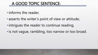 A GOOD TOPIC SENTENCE:
•informs the reader,
•asserts the writer’s point of view or attitude,
•intrigues the reader to continue reading,
•is not vague, rambling, too narrow or too broad.
 