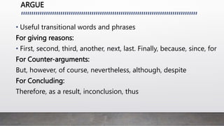 ARGUE
• Useful transitional words and phrases
For giving reasons:
• First, second, third, another, next, last. Finally, because, since, for
For Counter-arguments:
But, however, of course, nevertheless, although, despite
For Concluding:
Therefore, as a result, inconclusion, thus
 