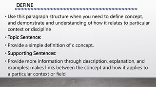 DEFINE
• Use this paragraph structure when you need to define concept,
and demonstrate and understanding of how it relates to particular
context or discipline
• Topic Sentence:
• Provide a simple definition of c concept.
• Supporting Sentences:
• Provide more information through description, explanation, and
examples: makes links between the concept and how it applies to
a particular context or field
 