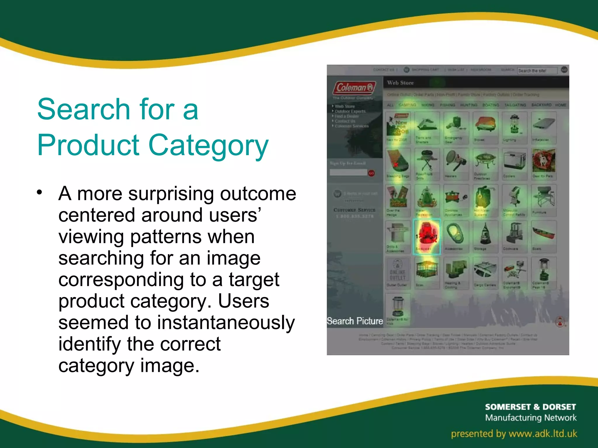 Search for a
Product Category
• A more surprising outcome
centered around users’
viewing patterns when
searching for an image
corresponding to a target
product category. Users
seemed to instantaneously
identify the correct
category image.
 