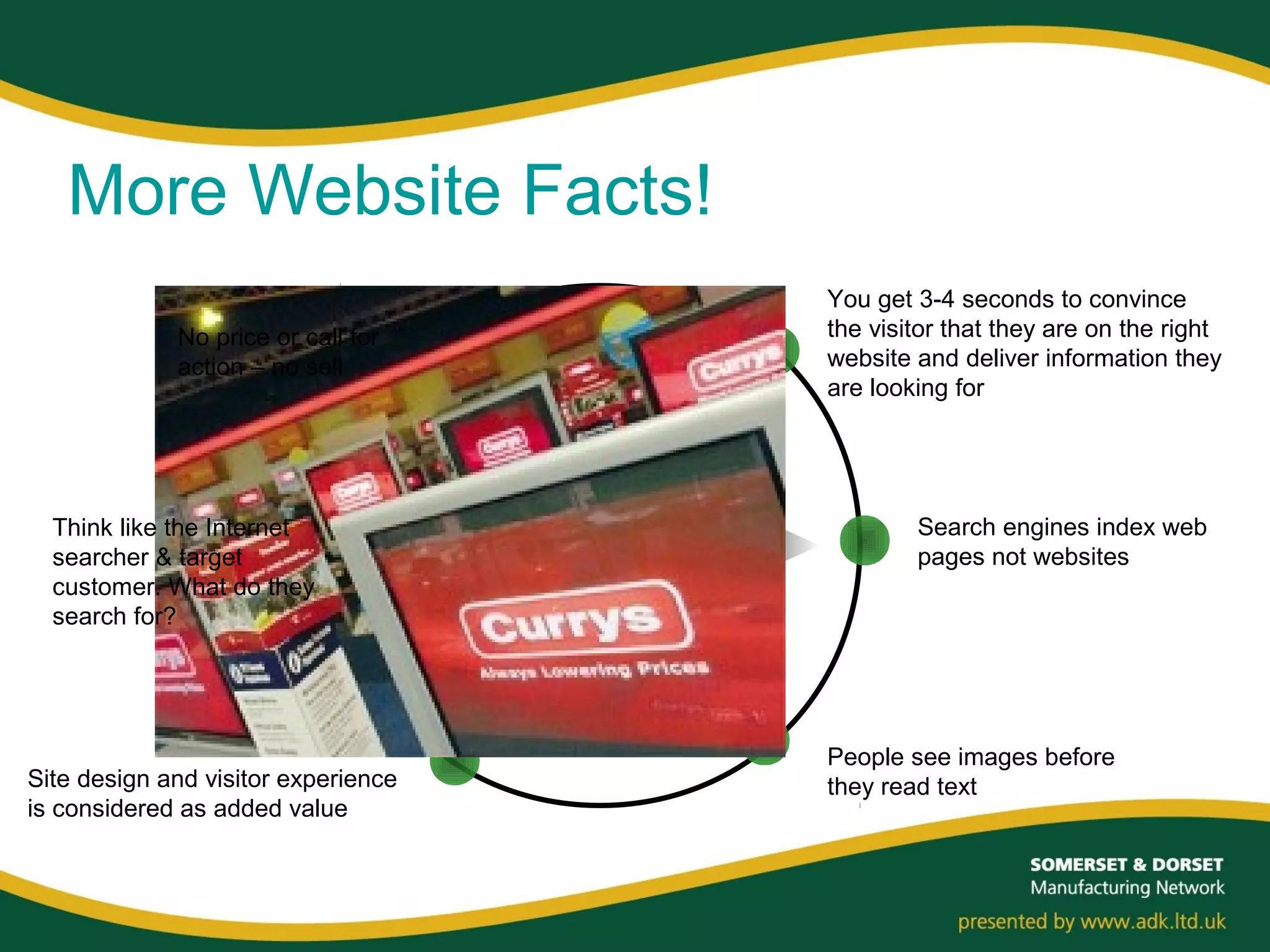 More Website Facts!
The
Six
Rules
You get 3-4 seconds to convince
the visitor that they are on the right
website and deliver information they
are looking for
Search engines index web
pages not websites
People see images before
they read textSite design and visitor experience
is considered as added value
Think like the Internet
searcher & target
customer. What do they
search for?
No price or call for
action – no sell
 