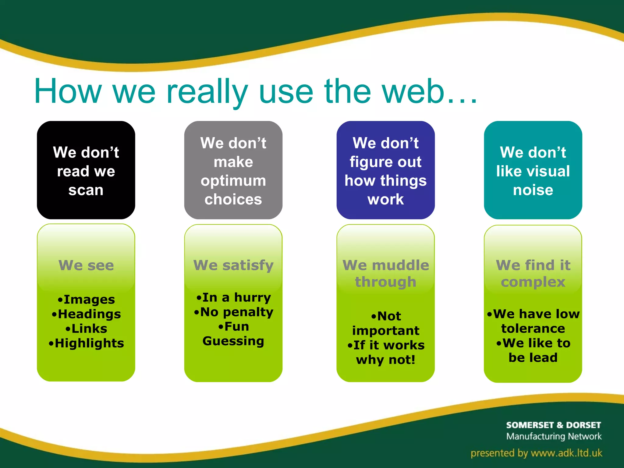 We see
•Images
•Headings
•Links
•Highlights
We satisfy
•In a hurry
•No penalty
•Fun
Guessing
We muddle
through
•Not
important
•If it works
why not!
We find it
complex
•We have low
tolerance
•We like to
be lead
We don’t
read we
scan
We don’t
make
optimum
choices
We don’t
figure out
how things
work
We don’t
like visual
noise
How we really use the web…
 
