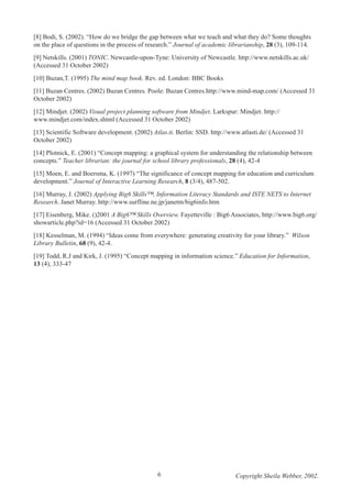 [8] Bodi, S. (2002). “How do we bridge the gap between what we teach and what they do? Some thoughts
on the place of questions in the process of research.” Journal of academic librarianship, 28 (3), 109-114.
[9] Netskills. (2001) TONIC. Newcastle-upon-Tyne: University of Newcastle. http://www.netskills.ac.uk/
(Accessed 31 October 2002)
[10] Buzan,T. (1995) The mind map book. Rev. ed. London: BBC Books
[11] Buzan Centres. (2002) Buzan Centres. Poole: Buzan Centres.http://www.mind-map.com/ (Accessed 31
October 2002)
[12] Mindjet. (2002) Visual project planning software from Mindjet. Larkspur: Mindjet. http://
www.mindjet.com/index.shtml (Accessed 31 October 2002)
[13] Scientific Software development. (2002) Atlas.ti. Berlin: SSD. http://www.atlasti.de/ (Accessed 31
October 2002)
[14] Plotnick, E. (2001) “Concept mapping: a graphical system for understanding the relationship between
concepts.” Teacher librarian: the journal for school library professionals, 28 (4), 42-4
[15] Moen, E. and Boersma, K. (1997) “The significance of concept mapping for education and curriculum
development.” Journal of Interactive Learning Research, 8 (3/4), 487-502.
[16] Murray, J. (2002) Applying Big6 Skills™, Information Literacy Standards and ISTE NETS to Internet
Research. Janet Murray. http://www.surfline.ne.jp/janetm/big6info.htm
[17] Eisenberg, Mike. ()2001 A Big6™ Skills Overview. Fayetteville : Big6 Associates, http://www.big6.org/
showarticle.php?id=16 (Accessed 31 October 2002)
[18] Kesselman, M. (1994) “Ideas come from everywhere: generating creativity for your library.” Wilson
Library Bulletin, 68 (9), 42-4.
[19] Todd, R.J and Kirk, J. (1995) “Concept mapping in information science.” Education for Information,
13 (4), 333-47

6

Copyright Sheila Webber, 2002.

 