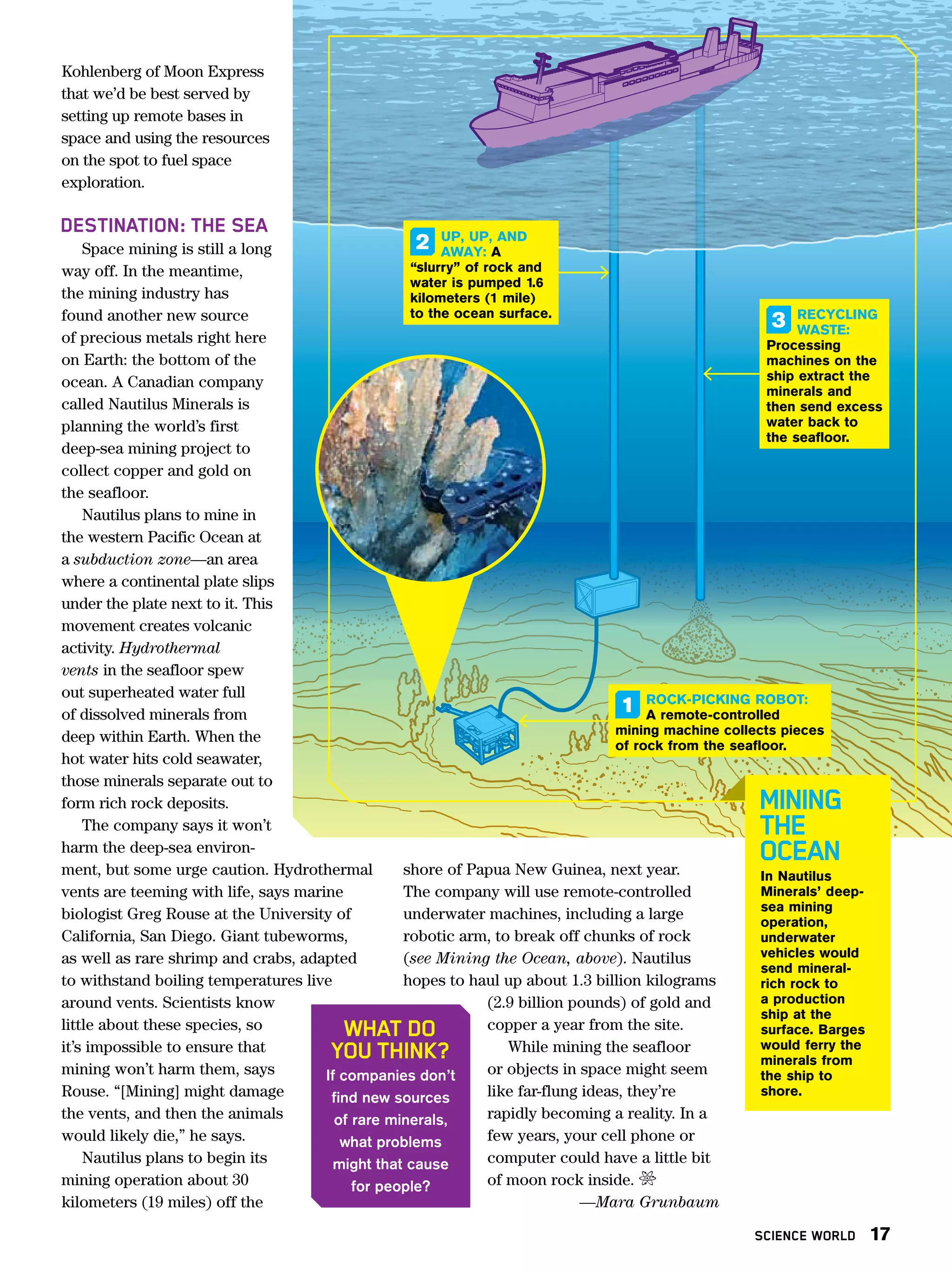 Kohlenberg of Moon Express
that we’d be best served by
setting up remote bases in
space and using the resources
on the spot to fuel space
exploration.

DESTINATION: THE SEA
    Space mining is still a long
                                                        UP, UP, AND
                                                    2 AWAY: A
way off. In the meantime,                          “slurry” of rock and
the mining industry has
                                                   water is pumped 1.6
                                                   kilometers (1 mile)
found another new source                           to the ocean surface.
                                                                                                            3 RECYCLING
of precious metals right here
                                                                                                                WASTE:
                                                                                                           Processing
on Earth: the bottom of the                                                                                machines on the
ocean. A Canadian company                                                                                  ship extract the
called Nautilus Minerals is
                                                                                                           minerals and
                                                                                                           then send excess
planning the world’s first                                                                                 water back to
deep-sea mining project to
                                                                                                           the seafloor.

collect copper and gold on
the seafloor.
    Nautilus plans to mine in
the western Pacific Ocean at
a subduction zone—an area
where a continental plate slips
under the plate next to it. This
movement creates volcanic
activity. Hydrothermal
vents in the seafloor spew
out superheated water full
of dissolved minerals from                                                           1 ROCK-PICKING ROBOT:
                                                                                         A remote-controlled
deep within Earth. When the                                                         mining machine collects pieces

hot water hits cold seawater,
                                                                                    of rock from the seafloor.

those minerals separate out to
form rich rock deposits.                                                                                MINING
    The company says it won’t                                                                           THE
harm the deep-sea environ-
ment, but some urge caution. Hydrothermal         shore of Papua New Guinea, next year.
                                                                                                        OCEAN
                                                                                                          In Nautilus
vents are teeming with life, says marine          The company will use remote-controlled                  Minerals’ deep-
biologist Greg Rouse at the University of         underwater machines, including a large                  sea mining

California, San Diego. Giant tubeworms,           robotic arm, to break off chunks of rock
                                                                                                          operation,
                                                                                                          underwater
as well as rare shrimp and crabs, adapted         (see Mining the Ocean, above). Nautilus                 vehicles would
to withstand boiling temperatures live            hopes to haul up about 1.3 billion kilograms
                                                                                                          send mineral-
                                                                                                          rich rock to
around vents. Scientists know                                   (2.9 billion pounds) of gold and          a production
little about these species, so           WHAT DO                copper a year from the site.
                                                                                                          ship at the
                                                                                                          surface. Barges
it’s impossible to ensure that          YOU THINK?                 While mining the seafloor              would ferry the
mining won’t harm them, says                                    or objects in space might seem
                                                                                                          minerals from
                                      If companies don’t                                                  the ship to
Rouse. “[Mining] might damage          find new sources         like far-flung ideas, they’re             shore.
the vents, and then the animals         of rare minerals,       rapidly becoming a reality. In a
would likely die,” he says.              what problems          few years, your cell phone or
    Nautilus plans to begin its        might that cause         computer could have a little bit
mining operation about 30                  for people?          of moon rock inside. 9
kilometers (19 miles) off the                                                  —Mara Grunbaum

                                                                                                       SCIENCE WORLD     17
 