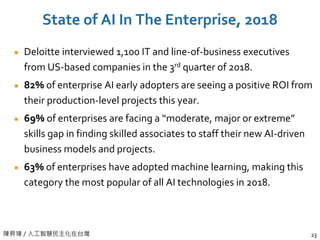 陳昇瑋 / 人工智慧民主化在台灣
State of AI In The Enterprise, 2018
23
Deloitte interviewed 1,100 IT and line-of-business executives
from US-based companies in the 3rd quarter of 2018.
82% of enterprise AI early adopters are seeing a positive ROI from
their production-level projects this year.
69% of enterprises are facing a “moderate, major or extreme”
skills gap in finding skilled associates to staff their new AI-driven
business models and projects.
63% of enterprises have adopted machine learning, making this
category the most popular of all AI technologies in 2018.
 