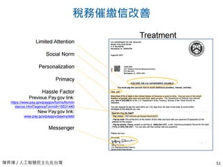 陳昇瑋 / 人工智慧民主化在台灣
稅務催繳信改善
51
 
