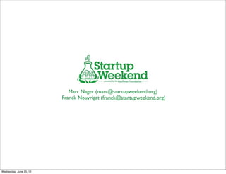 Marc Nager (marc@startupweekend.org)
                         Franck Nouyrigat (franck@startupweekend.org)




Wednesday, ...