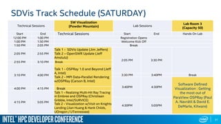 SDVis Track Schedule (SATURDAY)
37
Technical Sessions	
  
SW Visualization
(Powder Mountain)	
  
 	
  
Lab Sessions	
  
La...