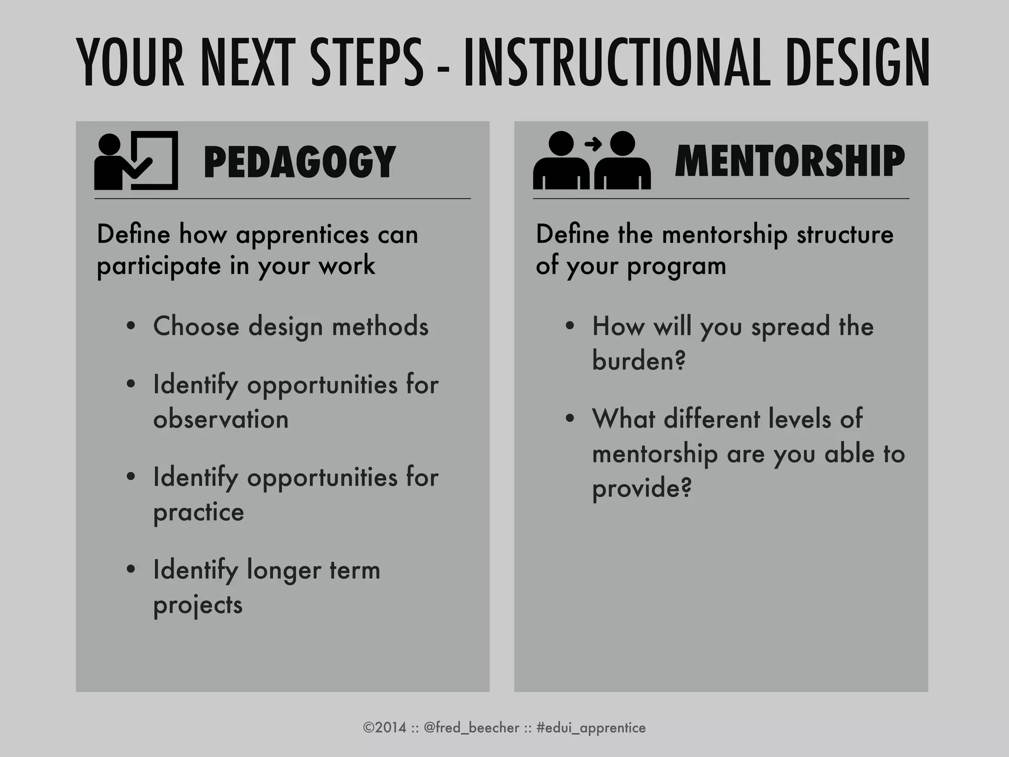 YOUR NEXT STEPS - INSTRUCTIONAL DESIGN 
PEDAGOGY 
Define how apprentices can 
participate in your work 
• Choose design methods 
• Identify opportunities for 
observation 
• Identify opportunities for 
practice 
• Identify longer term 
projects 
Define the mentorship structure 
of your program 
• How will you spread the 
burden? 
• What different levels of 
mentorship are you able to 
provide? 
©2014 :: @fred_beecher :: #edui_apprentice 
MENTORSHIP 
 