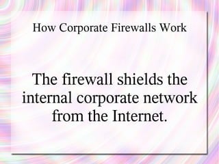 How Corporate Firewalls Work



  The firewall shields the
internal corporate network
     from the Internet.
 