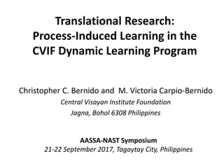 Translational Research:
Process-Induced Learning in the
CVIF Dynamic Learning Program
Christopher C. Bernido and M. Victoria Carpio-Bernido
Central Visayan Institute Foundation
Jagna, Bohol 6308 Philippines
AASSA-NAST Symposium
21-22 September 2017, Tagaytay City, Philippines
1
 