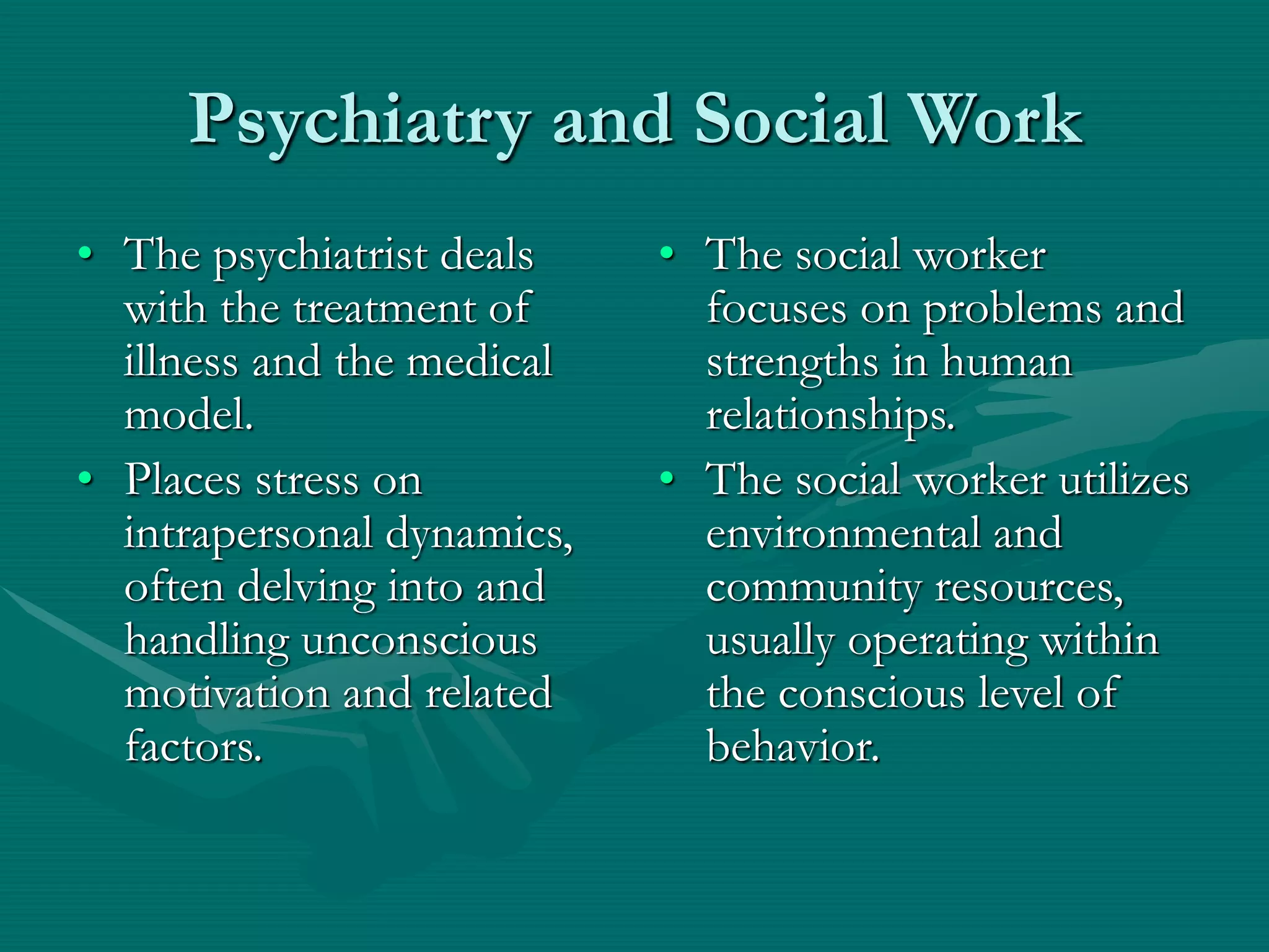 Psychiatry and Social Work
• The psychiatrist deals
with the treatment of
illness and the medical
model.
• Places stress on
intrapersonal dynamics,
often delving into and
handling unconscious
motivation and related
factors.
• The social worker
focuses on problems and
strengths in human
relationships.
• The social worker utilizes
environmental and
community resources,
usually operating within
the conscious level of
behavior.
 