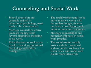 Counseling and Social Work
• School counselors are
generally trained in
educational psychology, work
tends to be short-termed.
• Marriage counselors receive
graduate training from
several disciplines, including
social work.
• Rehabilitation counselors are
usually trained in educational
psychology and utilizes
testing.
• The social worker tends to be
more intensive, works with
the student longer, focuses
on family constellation, and
utilizes community resources.
• Marriage counseling is one
particular emphasis in social
work practice.
• The social worker usually
assists with the emotional
and/or family problems, has
fewer cases, and works with
clients more intensively.
 