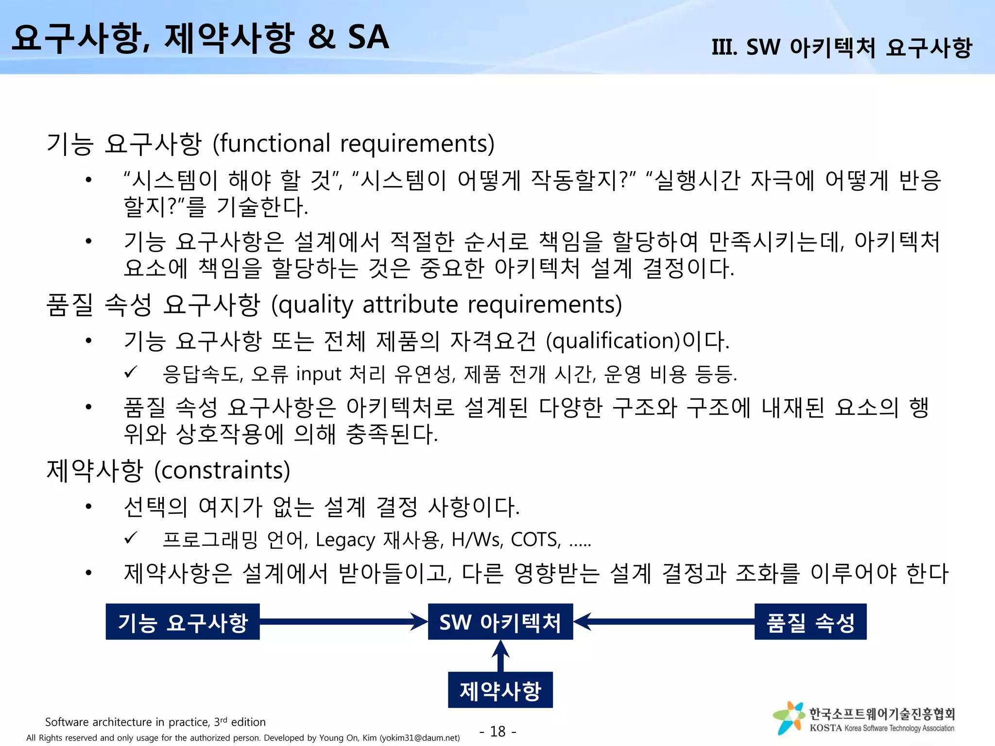 All Rights reserved and only usage for the authorized person. Developed by Young On, Kim (yokim31@daum.net)
기능 요구사항 (functional requirements)
• “시스템이 해야 할 것”, “시스템이 어떻게 작동할지?” “실행시간 자극에 어떻게 반응
할지?”를 기술한다.
• 기능 요구사항은 설계에서 적절한 순서로 책임을 할당하여 만족시키는데, 아키텍처
요소에 책임을 할당하는 것은 중요한 아키텍처 설계 결정이다.
품질 속성 요구사항 (quality attribute requirements)
• 기능 요구사항 또는 전체 제품의 자격요건 (qualification)이다.
 응답속도, 오류 input 처리 유연성, 제품 전개 시간, 운영 비용 등등.
• 품질 속성 요구사항은 아키텍처로 설계된 다양한 구조와 구조에 내재된 요소의 행
위와 상호작용에 의해 충족된다.
제약사항 (constraints)
• 선택의 여지가 없는 설계 결정 사항이다.
 프로그래밍 언어, Legacy 재사용, H/Ws, COTS, …..
• 제약사항은 설계에서 받아들이고, 다른 영향받는 설계 결정과 조화를 이루어야 한다
- 18 -
SW 아키텍처
제약사항
품질 속성기능 요구사항
요구사항, 제약사항 & SA III. SW 아키텍처 요구사항
Software architecture in practice, 3rd edition
 