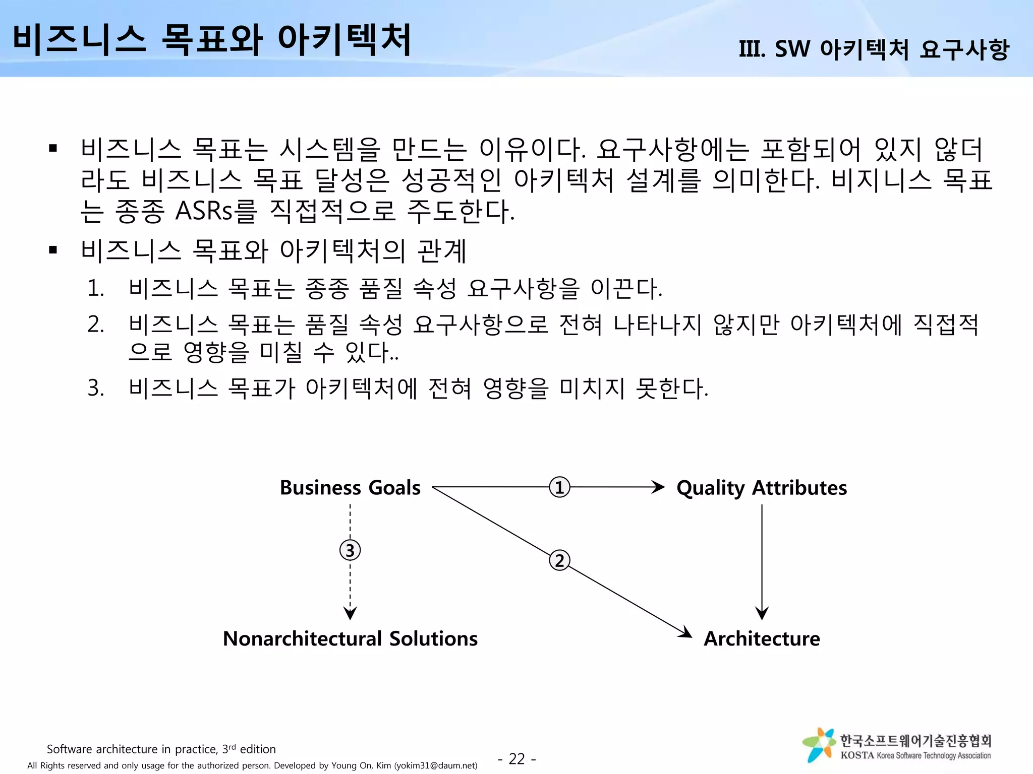 All Rights reserved and only usage for the authorized person. Developed by Young On, Kim (yokim31@daum.net)
 비즈니스 목표는 시스템을 만드는 이유이다. 요구사항에는 포함되어 있지 않더
라도 비즈니스 목표 달성은 성공적인 아키텍처 설계를 의미한다. 비지니스 목표
는 종종 ASRs를 직접적으로 주도한다.
 비즈니스 목표와 아키텍처의 관계
1. 비즈니스 목표는 종종 품질 속성 요구사항을 이끈다.
2. 비즈니스 목표는 품질 속성 요구사항으로 전혀 나타나지 않지만 아키텍처에 직접적
으로 영향을 미칠 수 있다..
3. 비즈니스 목표가 아키텍처에 전혀 영향을 미치지 못한다.
- 22 -
비즈니스 목표와 아키텍처
Quality AttributesBusiness Goals
Nonarchitectural Solutions Architecture
1
2
3
III. SW 아키텍처 요구사항
Software architecture in practice, 3rd edition
 
