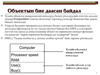 Объектын бие даасан байдал Тухайн объектод шаардлагатай өгөгдлүүд Тухайн объект дээр хийгдэх үйлдлүүд Тухайн объектод шаардлагатай өгөгдлүүд болон үйлдлүүдийг нэгтгэн далдлах замаар  Encapsulation  хэмээх ойлголтыг хэрэгжүүлсэнээр   объектын бие даасан байдал хангагддаг. Учир нь бүтцийн програмчлалд өгөгдөл болон тэдгээрийг боловсруулах үйлдлүүд  ( функцууд )  нь тус тусдаа ойлголт байсан бол ОХП-д тэдгээрийг нэгтгэн нэг капсулд хийж өгсөнөөр объект нь өөрийнхөө гишүүн функцын тусламжтай “өөрөө өөрийгөө боловсруулах чадвартай” болно.   ОХП-д “Гадаад холбоо сул, дотоод холбоо хүчтэй” байх зарчим үйлчилдэг. Computer Processor speed RAM Use(); Buy(); 