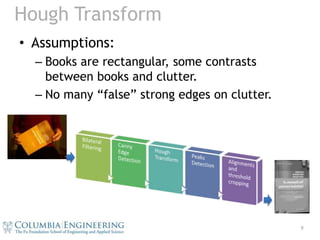 Hough TransformAssumptions:Books are rectangular, some contrasts between books and clutter.No many “false” strong edges on clutter.9