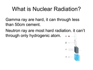 What is Nuclear Radiation?
Gamma ray are hard, it can through less
than 50cm cement.
Neutron ray are most hard radiation, it can’t
through only hydrogenic atom.
 