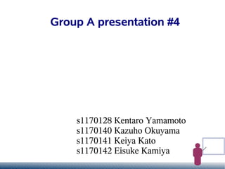 Group A presentation #4




    s1170128 Kentaro Yamamoto
    s1170140 Kazuho Okuyama
    s1170141 Keiya Kato
    s1170142 Eisuke Kamiya
 