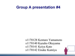 Group A presentation #4 s1170128 Kentaro Yamamoto s1170140 Kazuho Okuyama s1170141 Keiya Kato s1170142 Eisuke Kamiya 